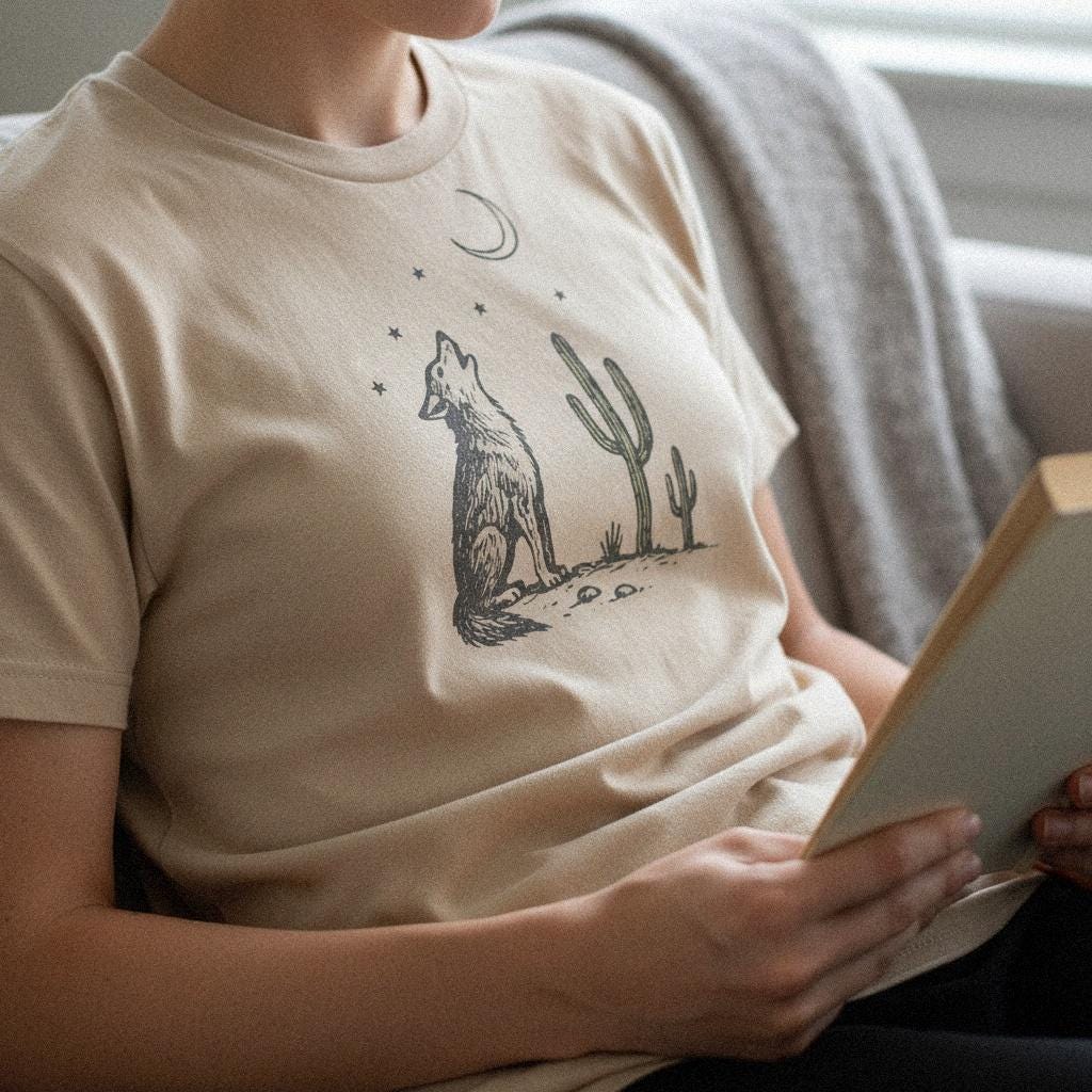 Howling Wolf and Moon PNG, Desert Cactus Boho Western Shirt Design - 300