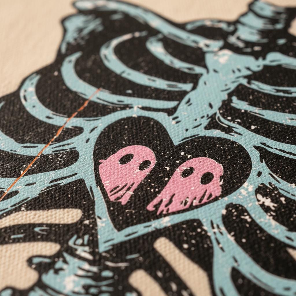 Ghost Love in Ribcage PNG, Skeleton Heart with Spooky Ghosts - 300 DPI