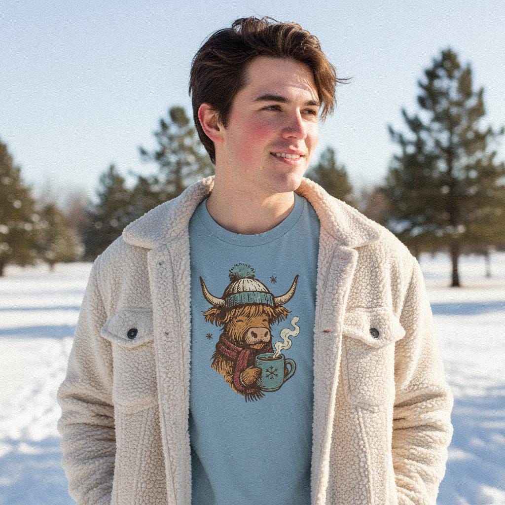 Highland Cow PNG, Cozy Winter Animal Art - 300 DPI Design for T-Shirt