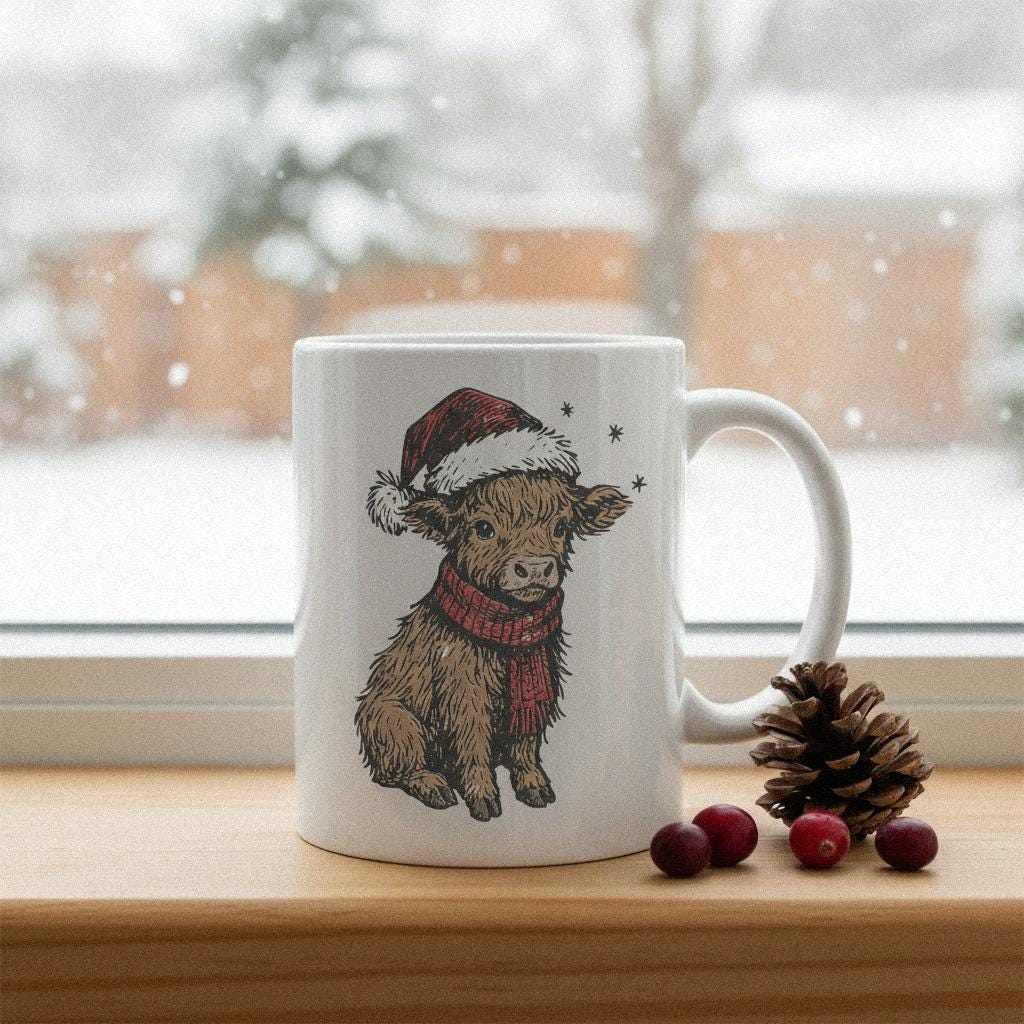 Christmas Highland Cow PNG, Cute Holiday Calf Design - 300 DPI Design for