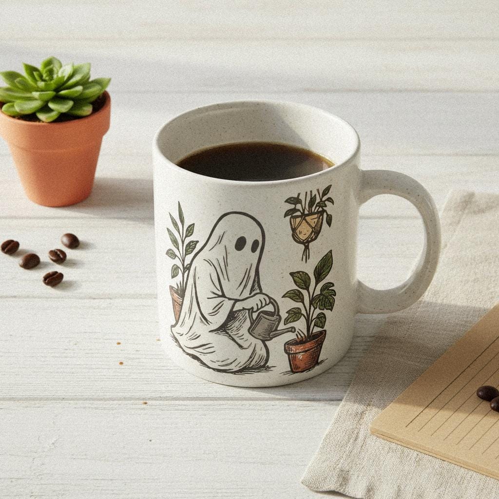 Plant Ghost PNG, Cute Ghost Watering Plants Digital Download - 300 DPI