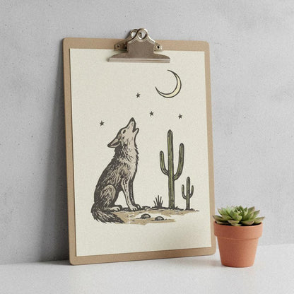 Howling Wolf and Moon PNG, Desert Cactus Boho Western Shirt Design - 300