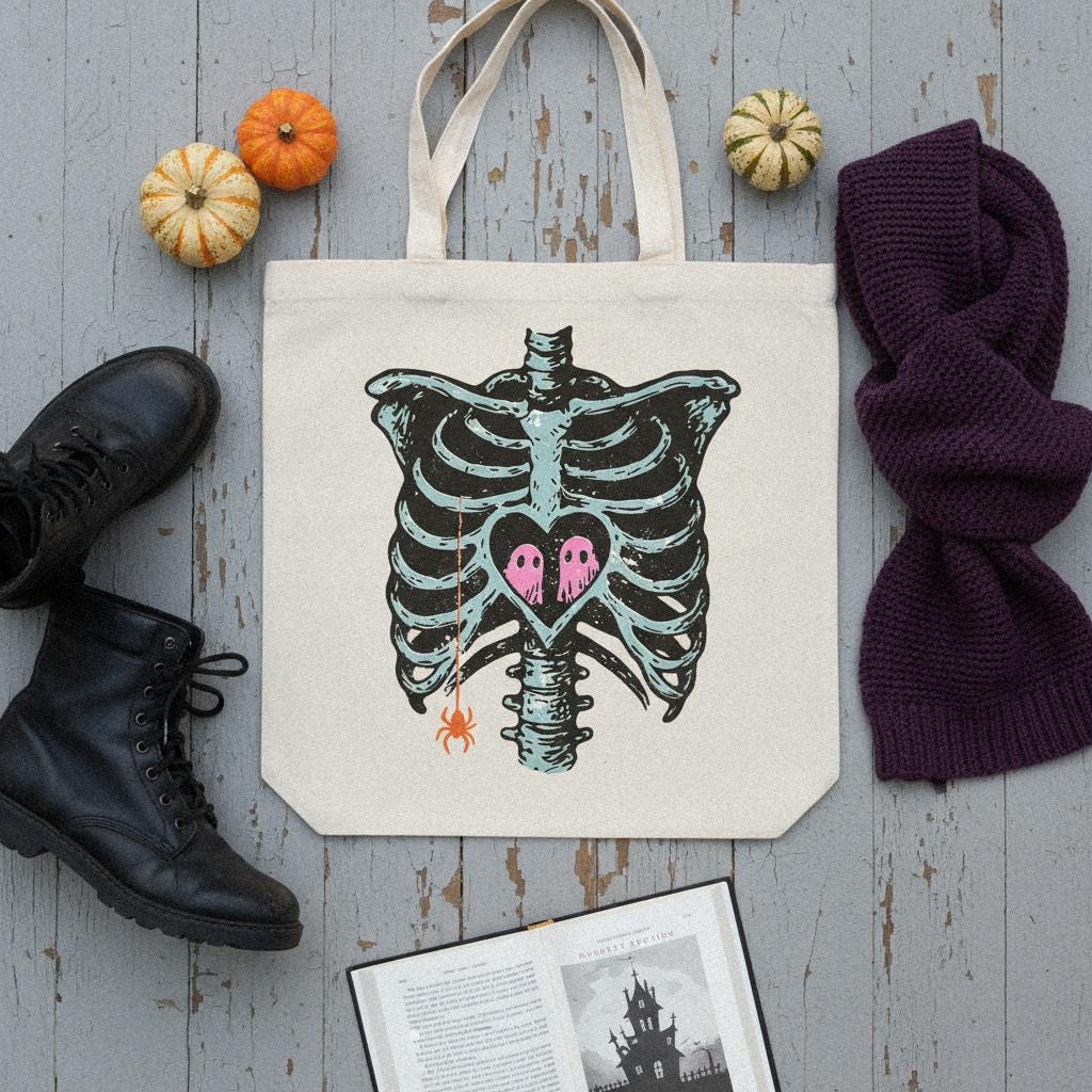 Ghost Love in Ribcage PNG, Skeleton Heart with Spooky Ghosts - 300 DPI