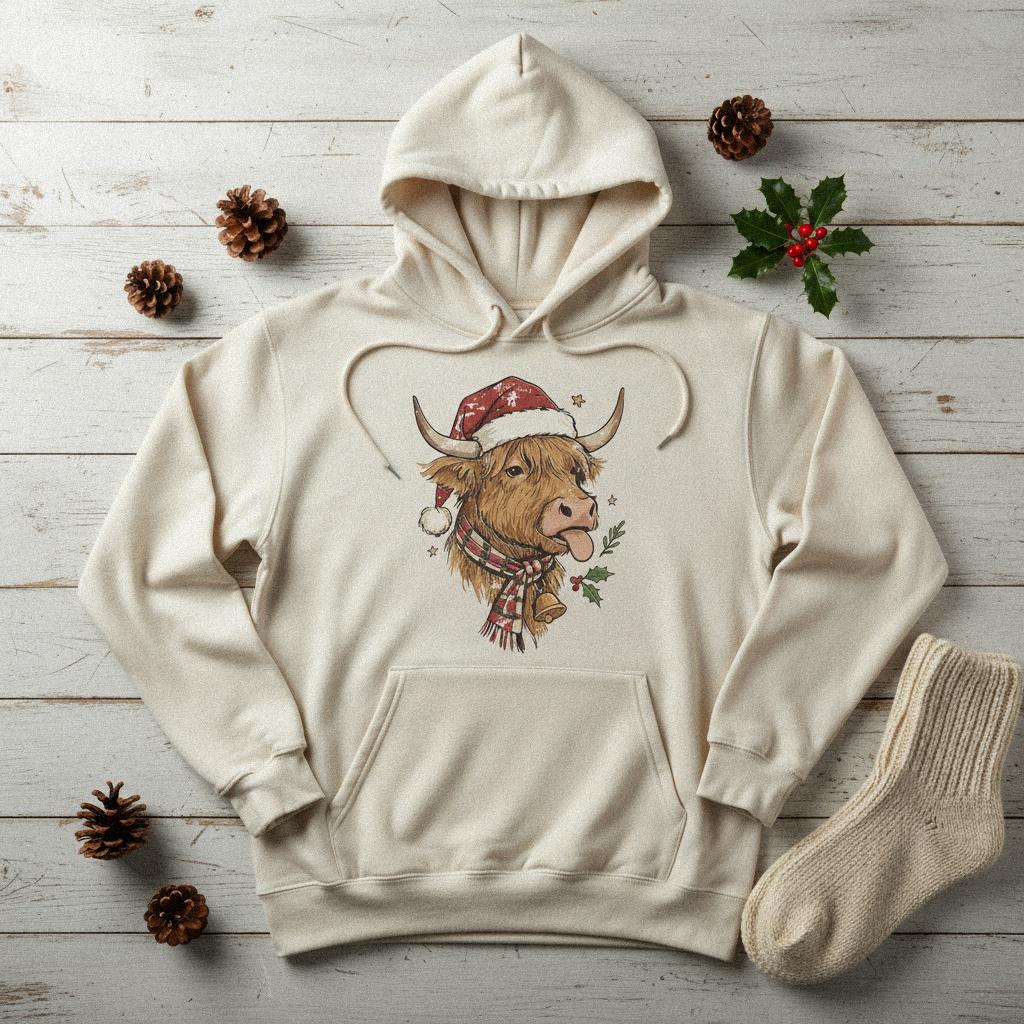 Highland Cow Christmas PNG, Funny Farm Animal Santa Art - 300 DPI Design