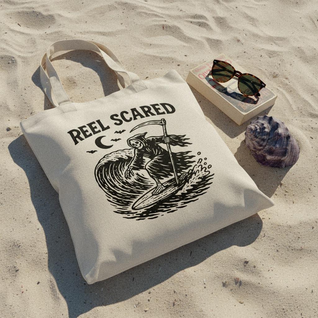 Reel Scared PNG, Grim Reaper Surfing Wave - 300 DPI Design for T-Shirt