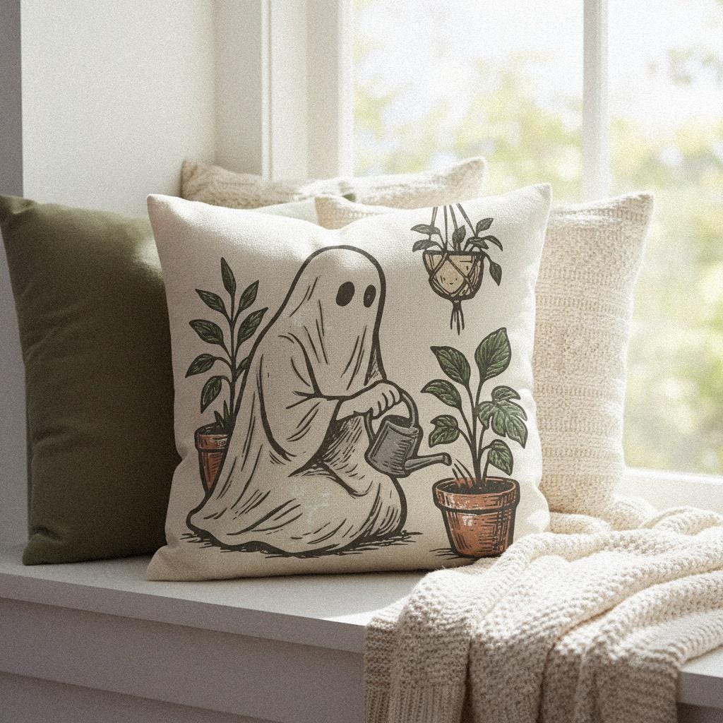 Plant Ghost PNG, Cute Ghost Watering Plants Digital Download - 300 DPI