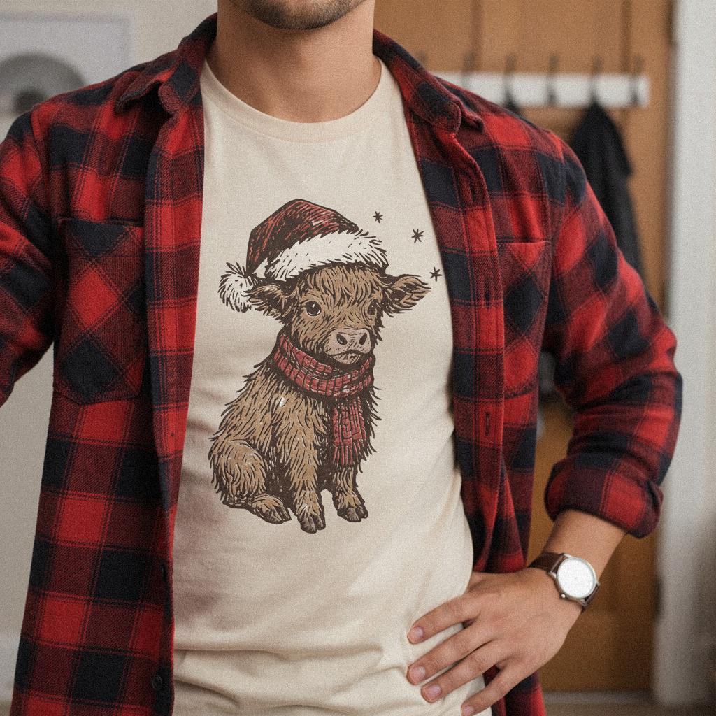 Christmas Highland Cow PNG, Cute Holiday Calf Design - 300 DPI Design for