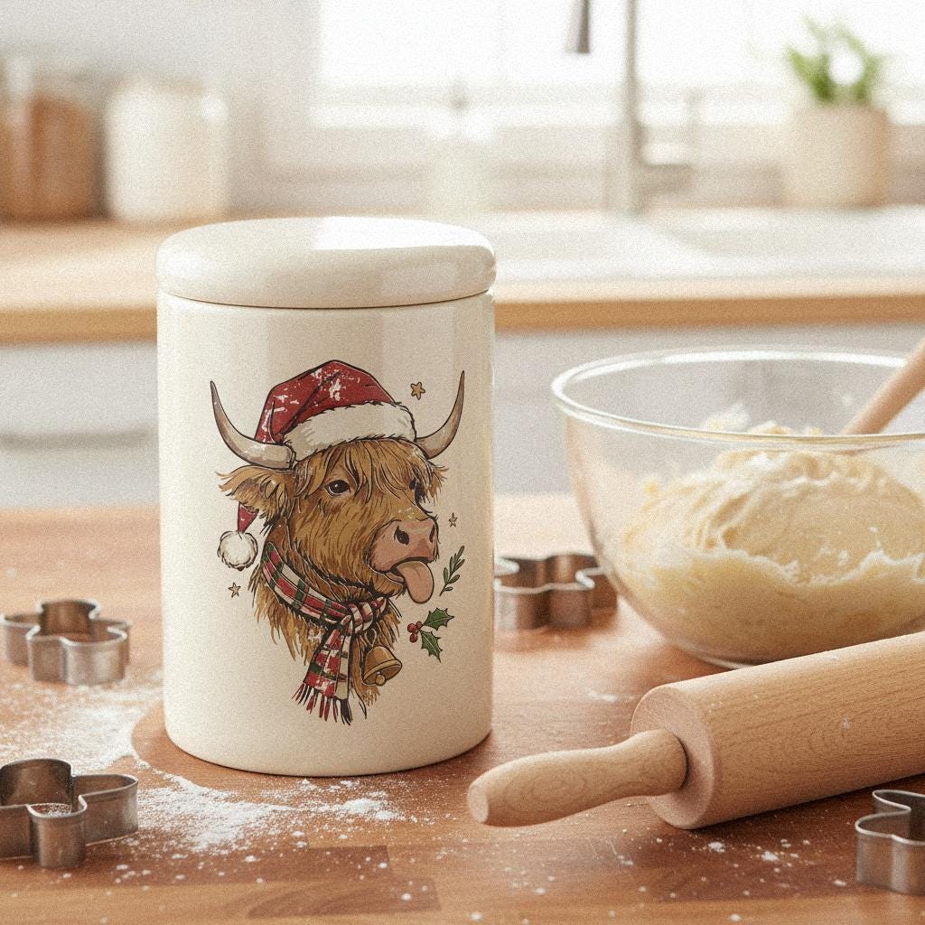 Highland Cow Christmas PNG, Funny Farm Animal Santa Art - 300 DPI Design