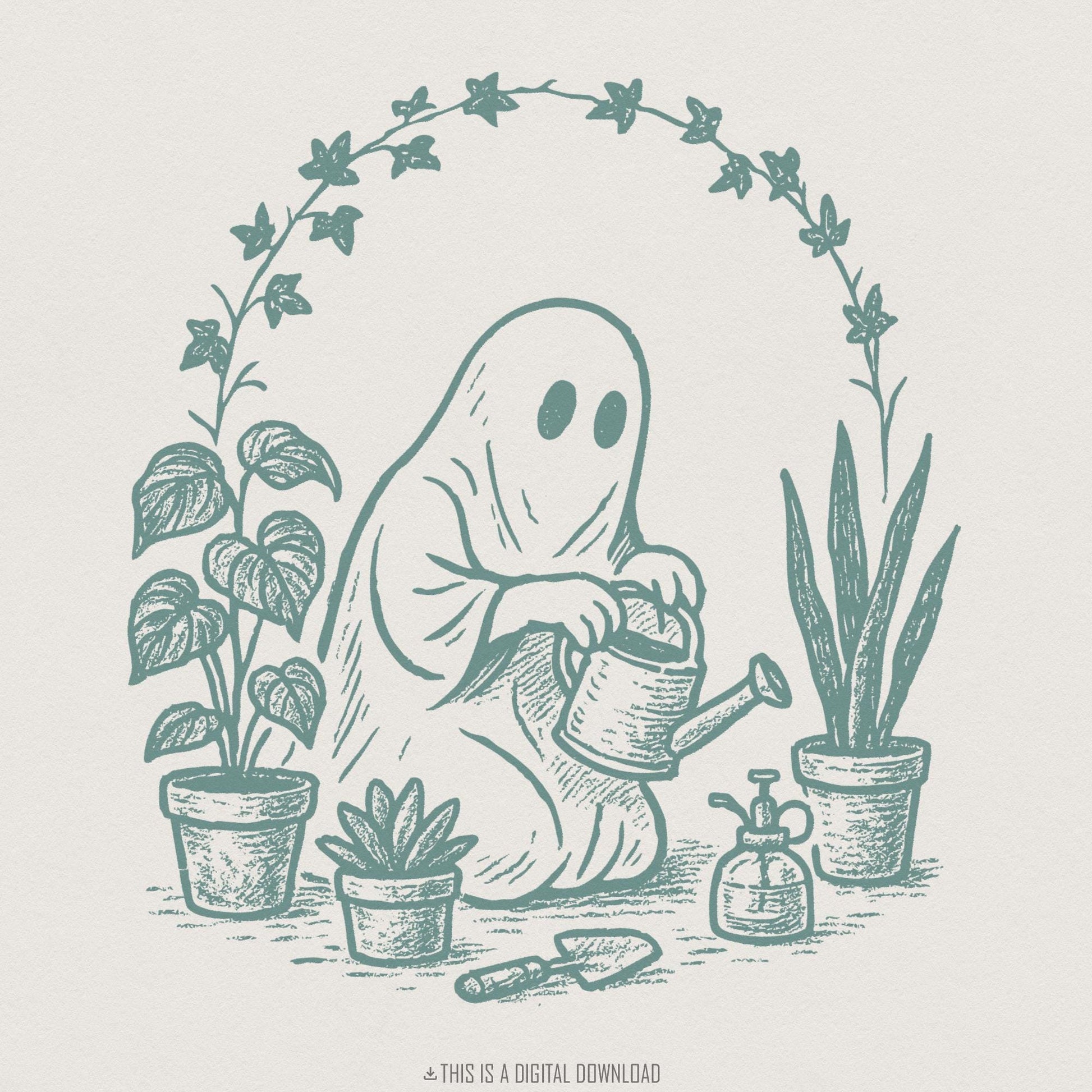 Cute Ghost with Houseplants PNG, Whimsical Garden Decor - 300 DPI Design