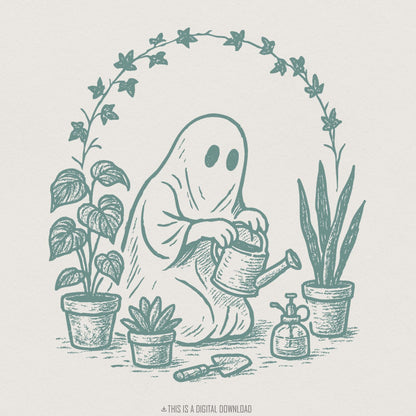 Cute Ghost with Houseplants PNG, Whimsical Garden Decor - 300 DPI Design