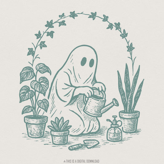 Cute Ghost with Houseplants PNG, Whimsical Garden Decor - 300 DPI Design