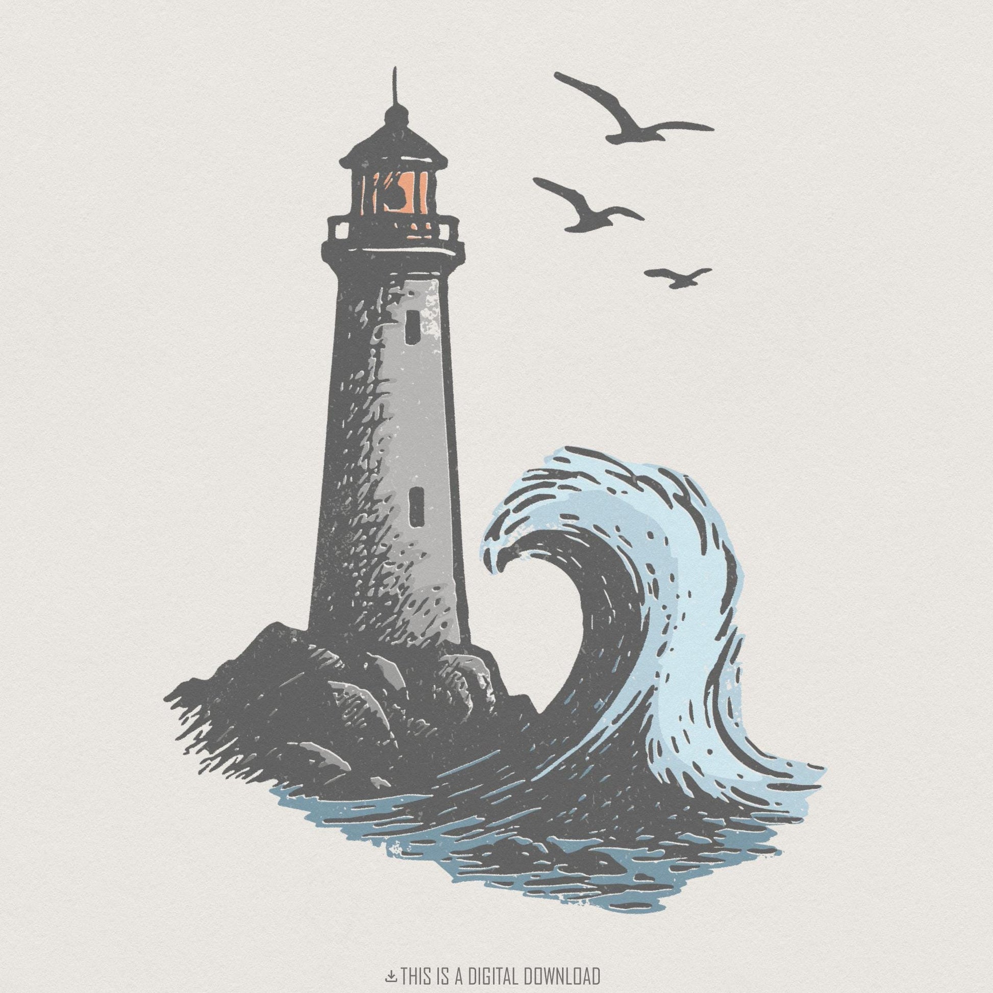 Lighthouse PNG Digital Download, Nautical Wave Clipart - 300 DPI Design