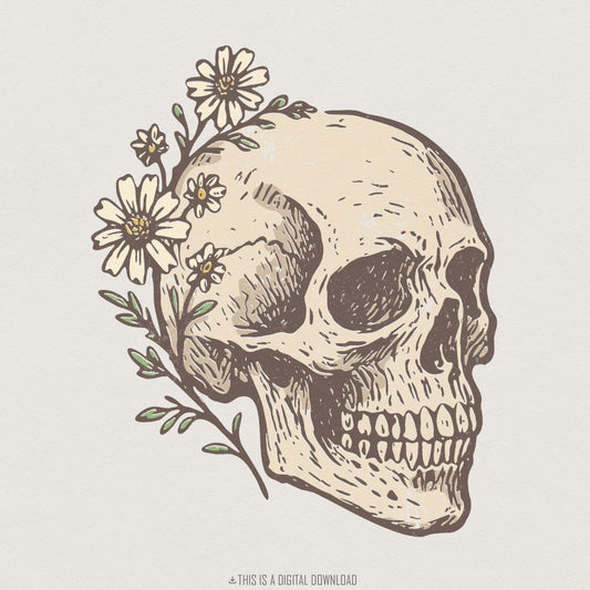 Floral Skull PNG, Digital Download Printable - 300 DPI Design for T-Shirt