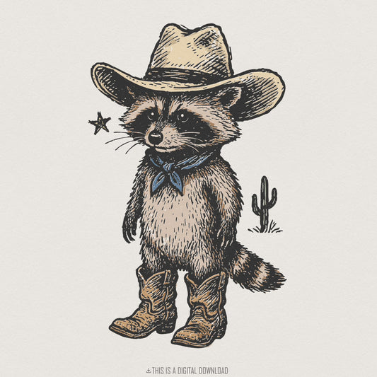 Cowboy Raccoon PNG, Cute Western Animal Design - 300 DPI Design for T-Shirt