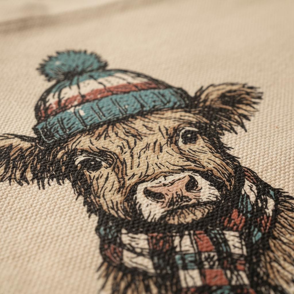 Highland Cow With Winter Hat PNG, Cute Farm Animal Digital Download - 300