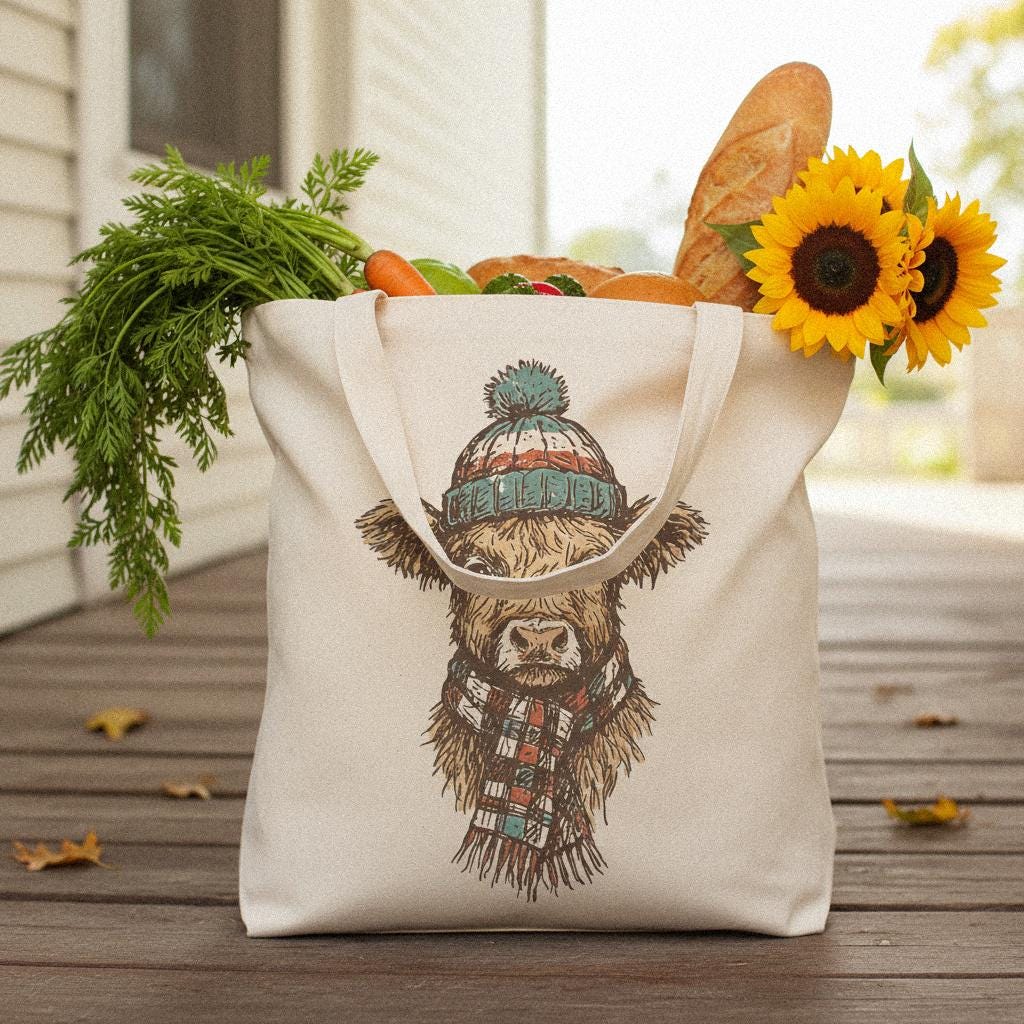 Highland Cow With Winter Hat PNG, Cute Farm Animal Digital Download - 300