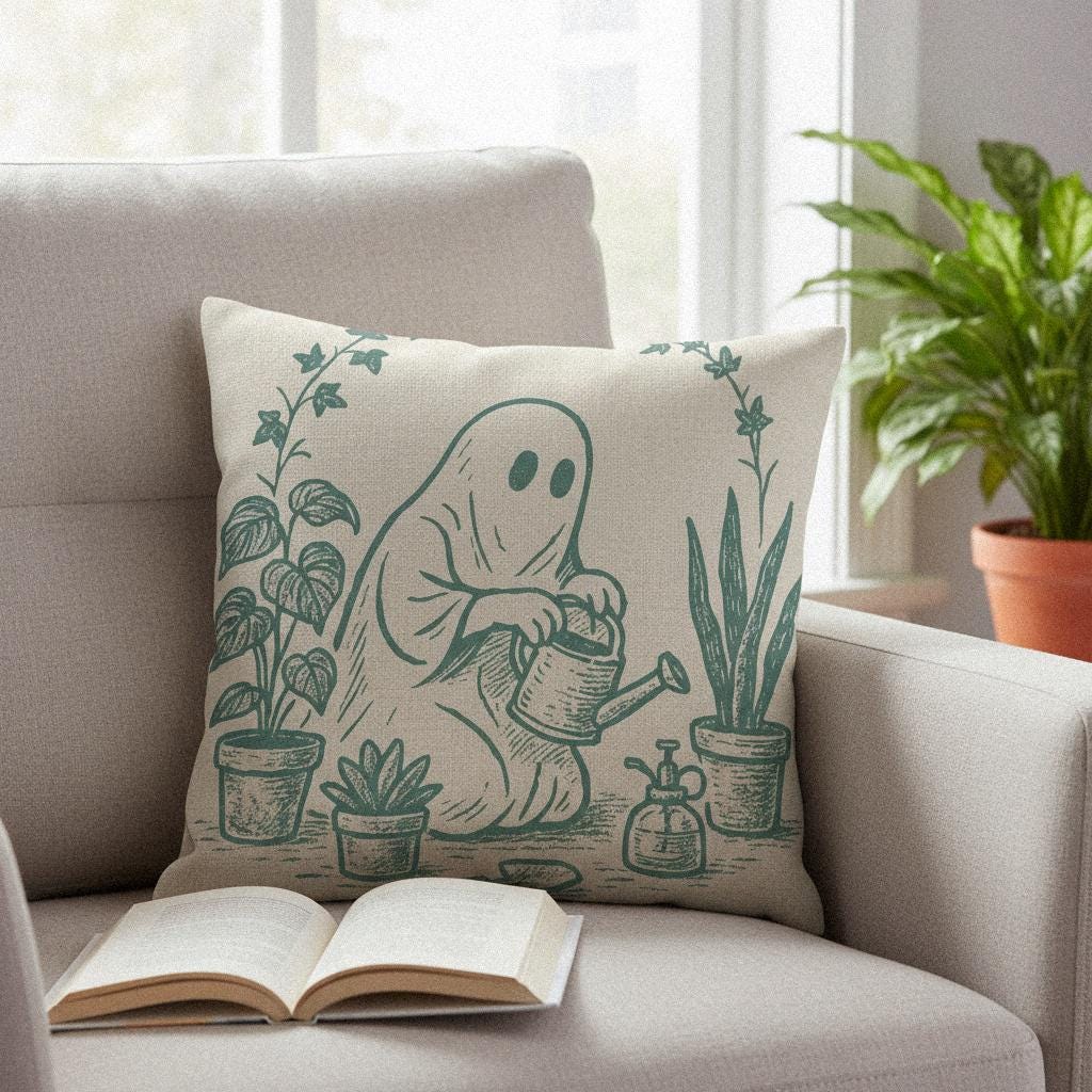 Cute Ghost with Houseplants PNG, Whimsical Garden Decor - 300 DPI Design