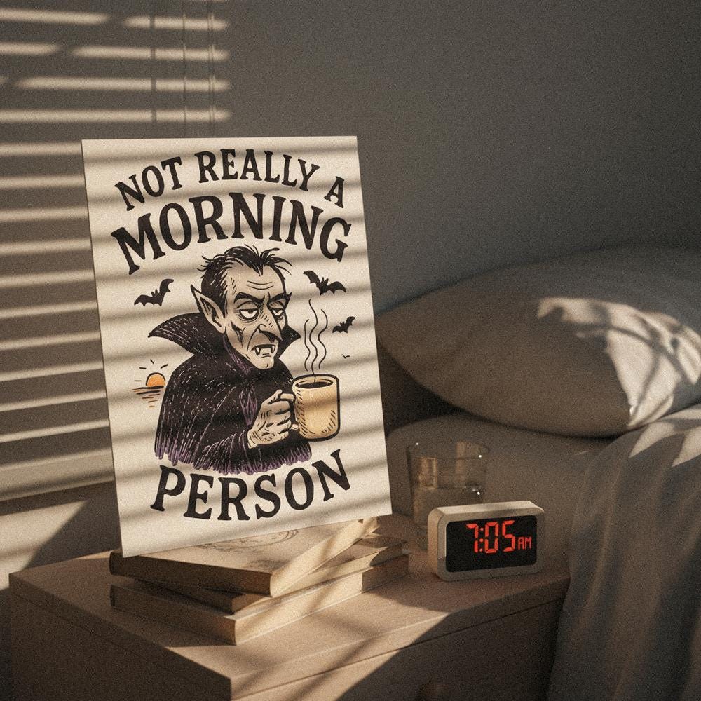 Not Really a Morning Person PNG, Vampire Drinking Coffee - 300 DPI Design