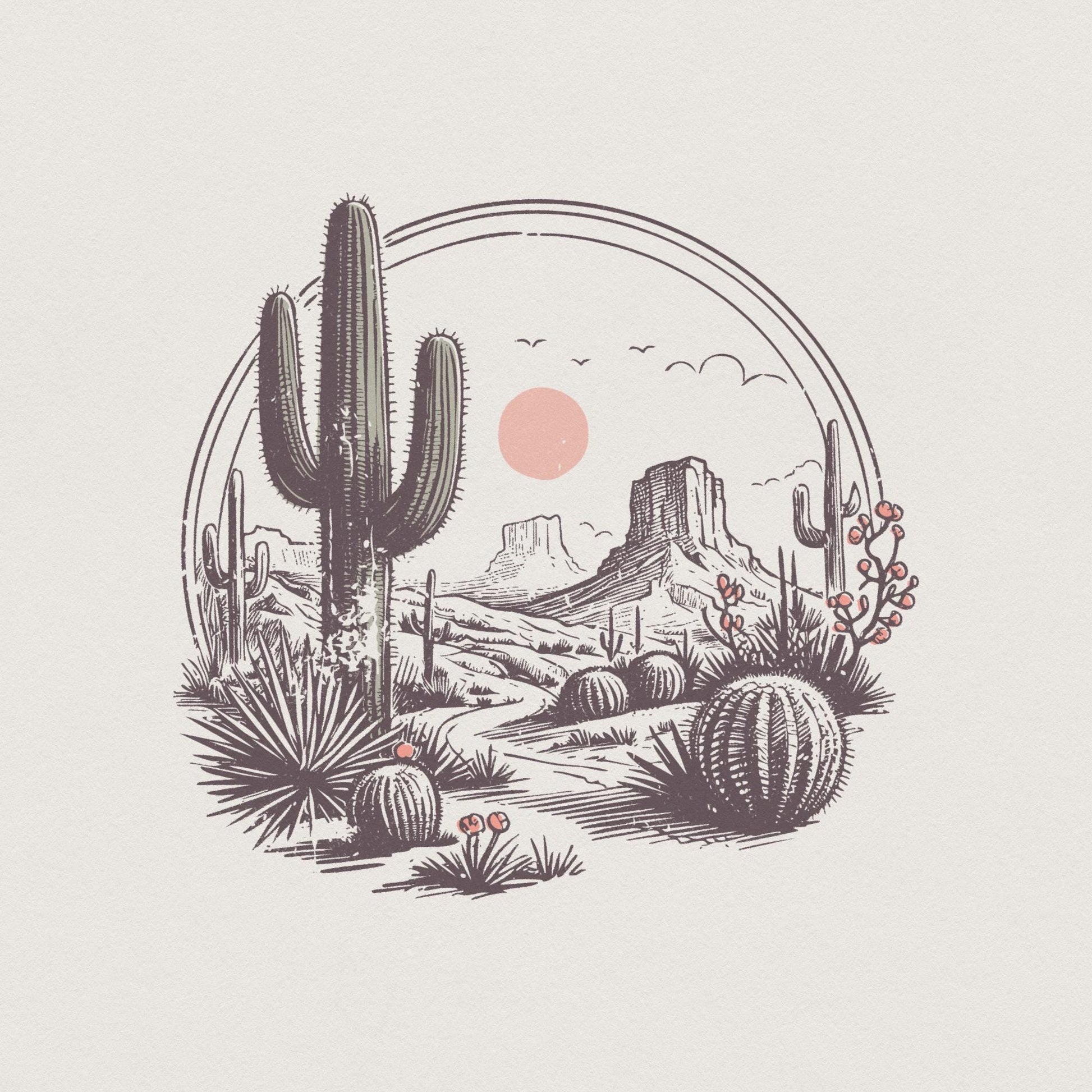 Serene Desert Landscape Illustration, Southwestern Cactus Art - 300 DPI
