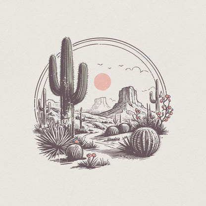 Serene Desert Landscape Illustration, Southwestern Cactus Art - 300 DPI
