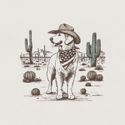 Cowboy Dog in Desert Illustration, Western Canine Art - 300 DPI Design