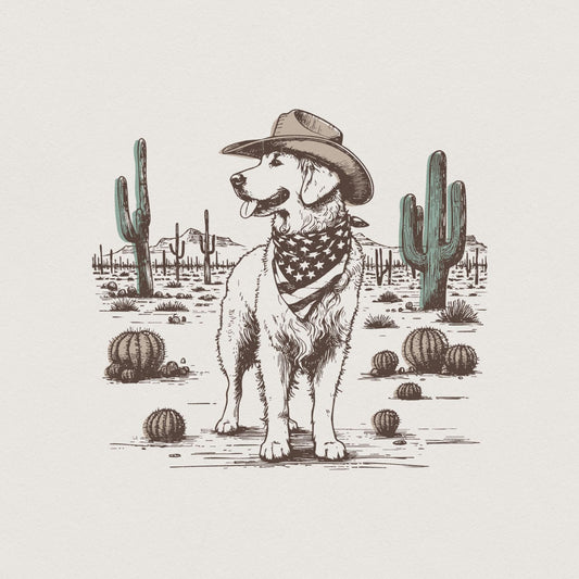 Cowboy Dog in Desert Illustration, Western Canine Art - 300 DPI Design