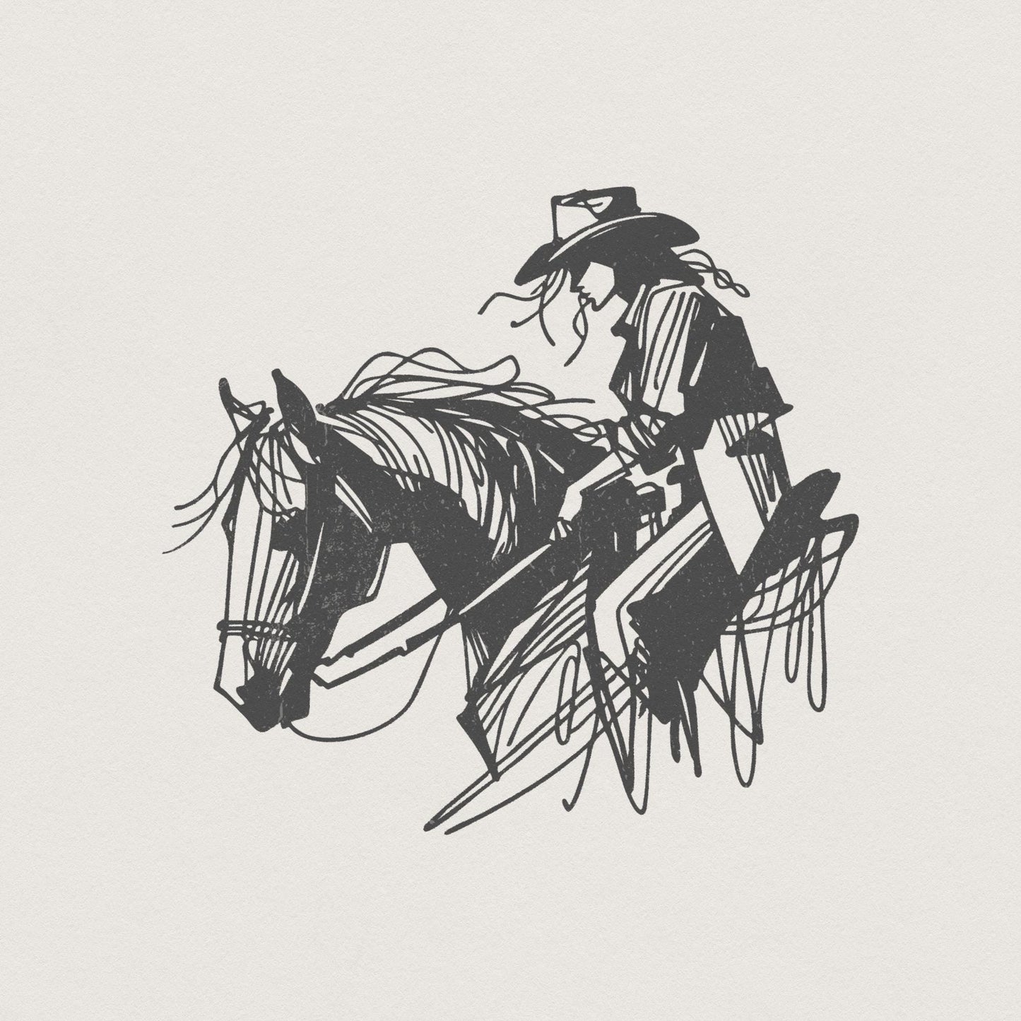 Cowgirl on Horseback PNG, Minimalist Western Rider - 300 DPI Design for