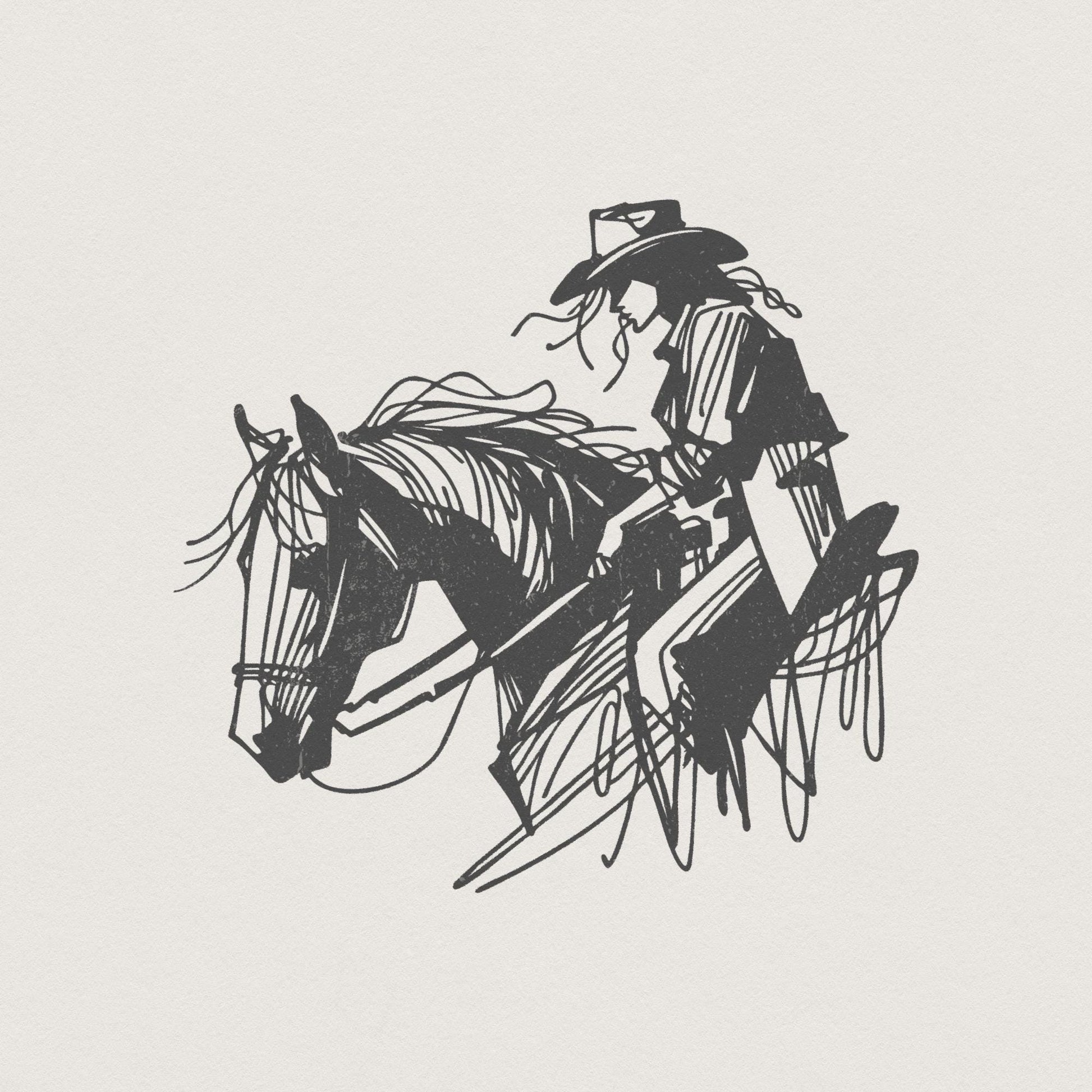Cowgirl on Horseback PNG, Minimalist Western Rider - 300 DPI Design for
