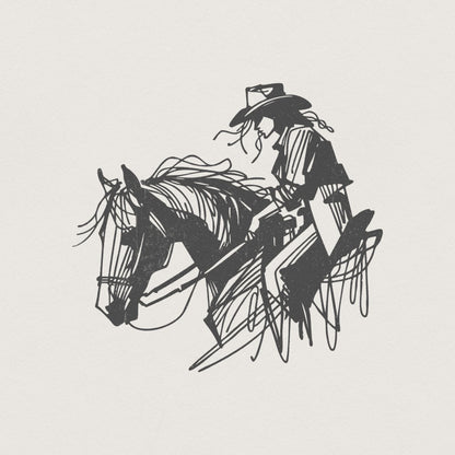 Cowgirl on Horseback PNG, Minimalist Western Rider - 300 DPI Design for