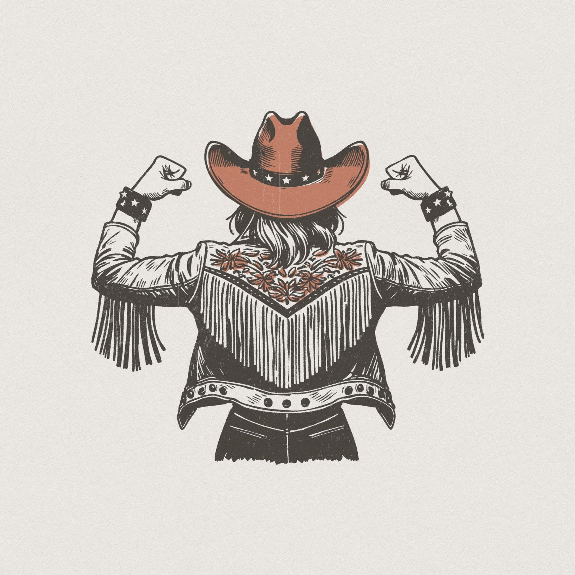 Empowered Cowgirl PNG, Fringe Jacket Art - 300 DPI Design for T-Shirt