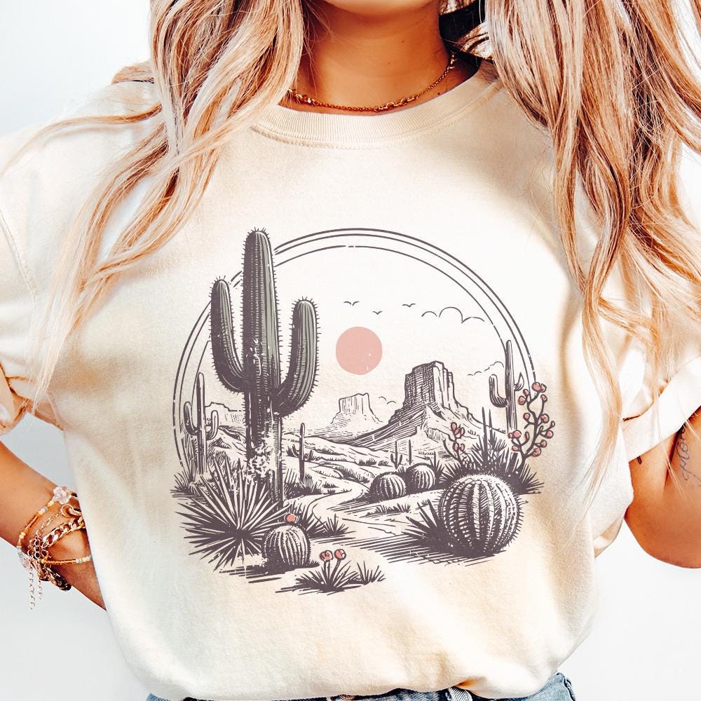 Serene Desert Landscape Illustration, Southwestern Cactus Art - 300 DPI