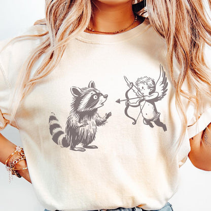 Whimsical Raccoon and Cupid Illustration, Playful Angelic Mischief - 300
