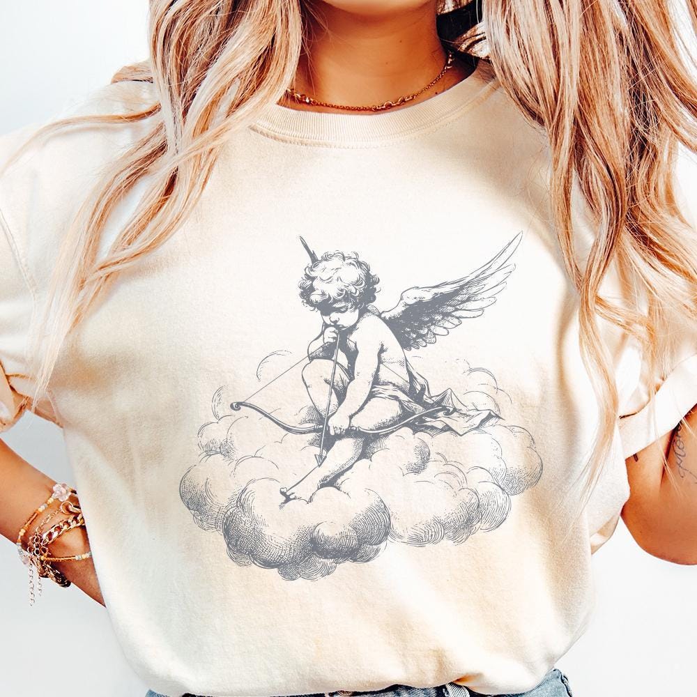 Classic Cupid on Cloud PNG, Vintage Angel Art - 300 DPI Design for T-Shirt