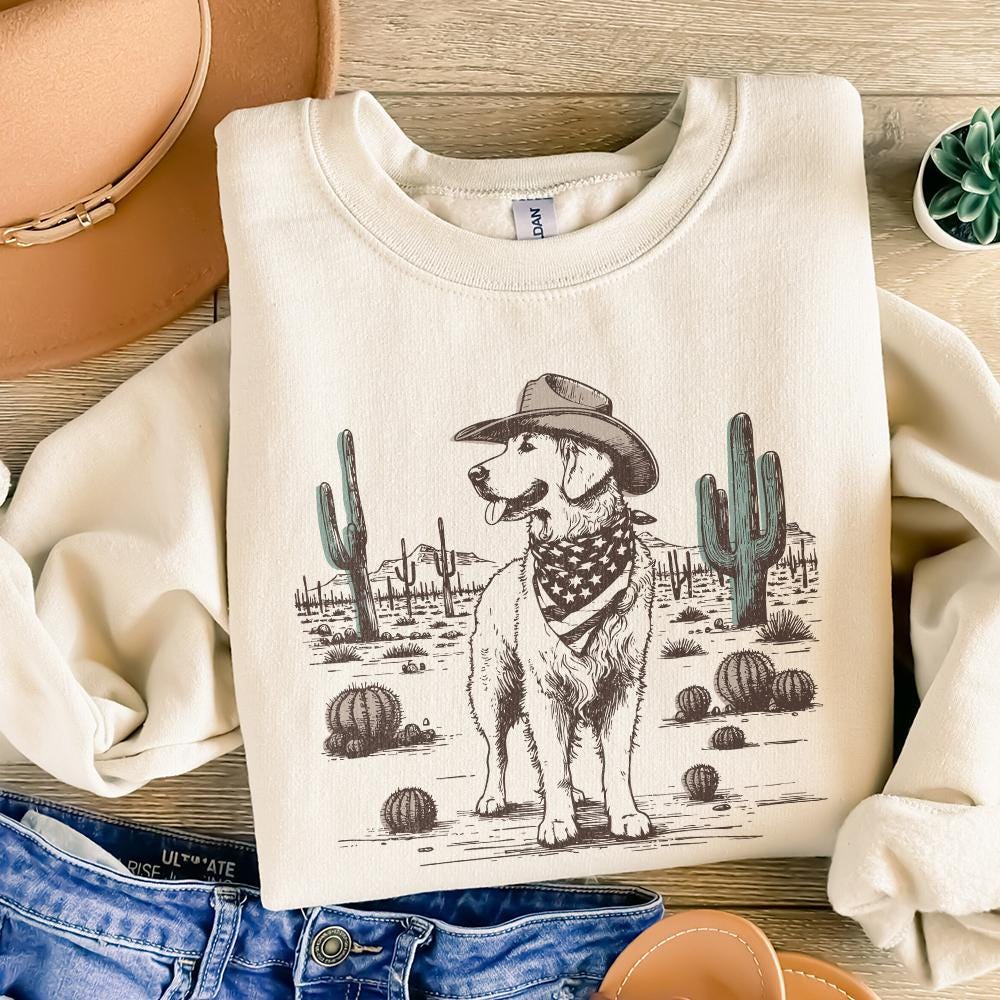 Cowboy Dog in Desert Illustration, Western Canine Art - 300 DPI Design