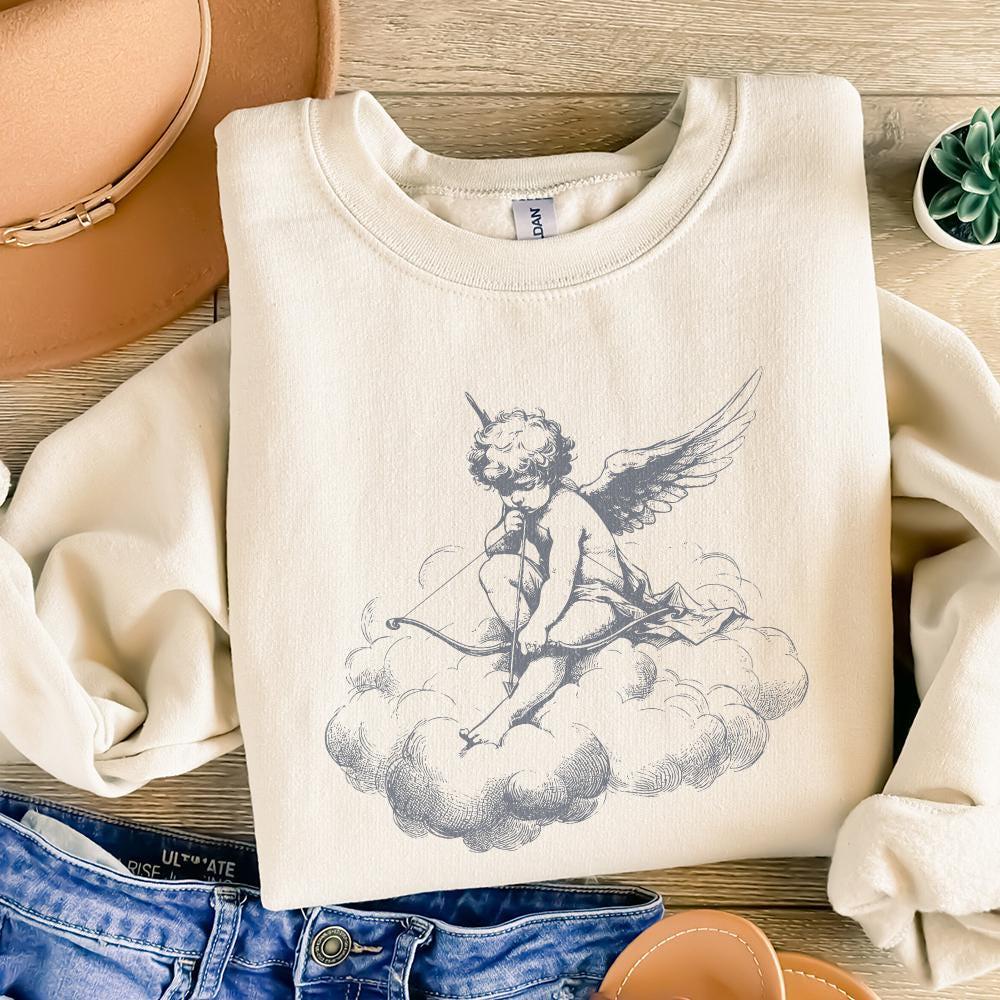 Classic Cupid on Cloud PNG, Vintage Angel Art - 300 DPI Design for T-Shirt