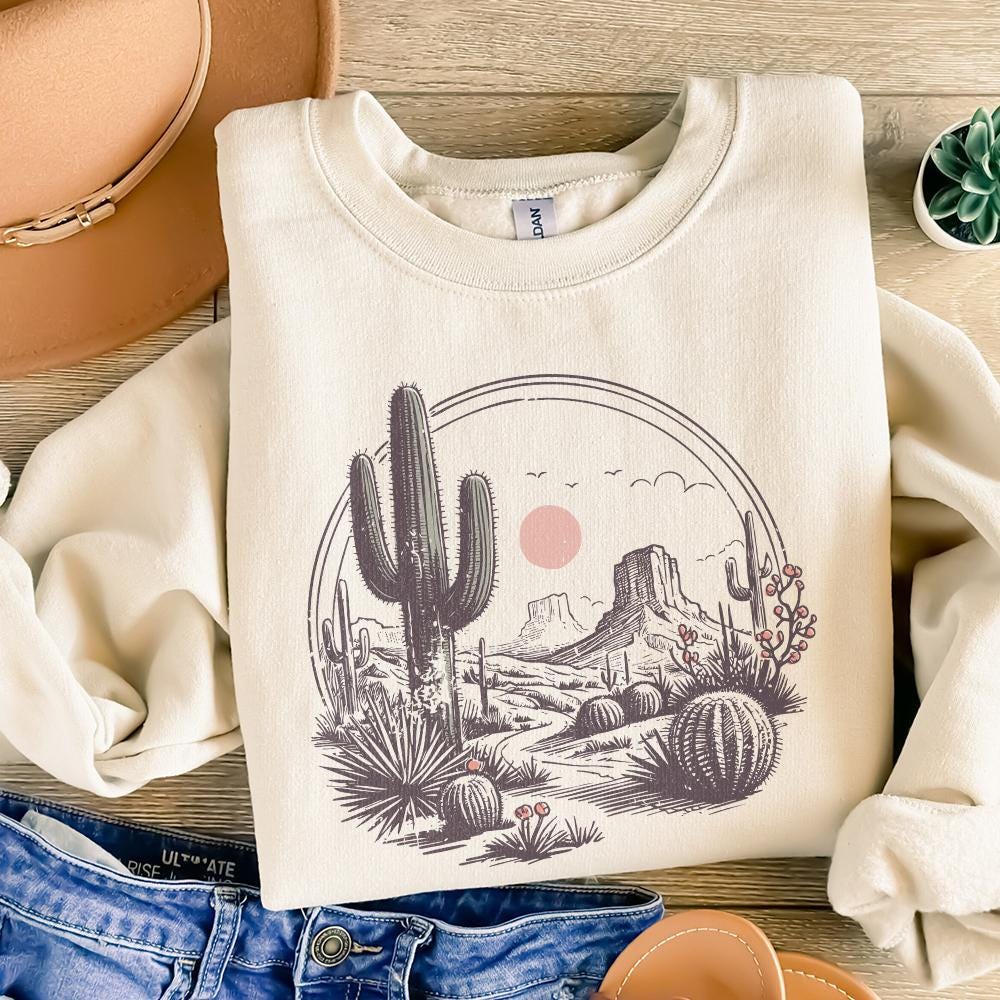 Serene Desert Landscape Illustration, Southwestern Cactus Art - 300 DPI