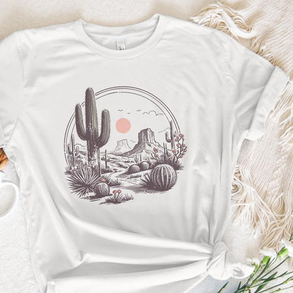 Serene Desert Landscape Illustration, Southwestern Cactus Art - 300 DPI