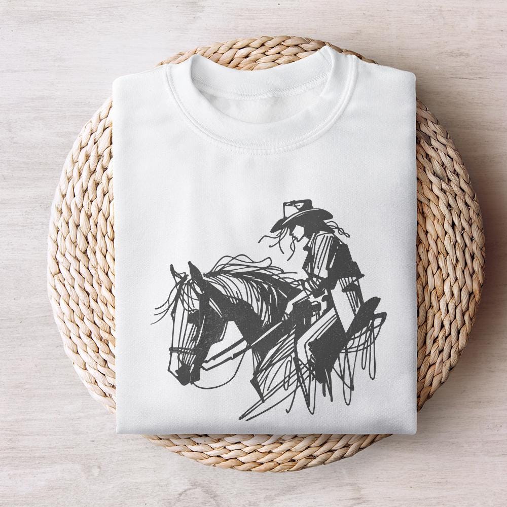 Cowgirl on Horseback PNG, Minimalist Western Rider - 300 DPI Design for