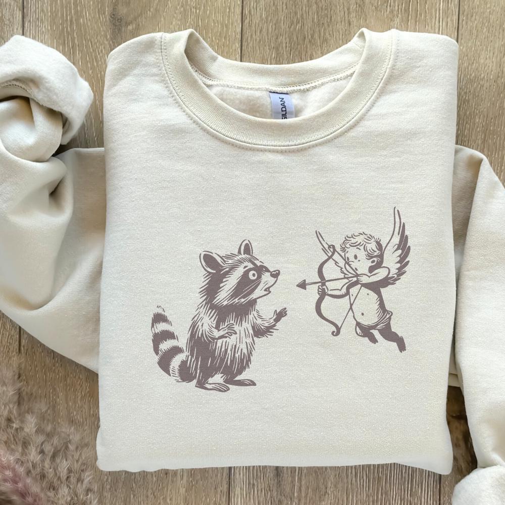 Whimsical Raccoon and Cupid Illustration, Playful Angelic Mischief - 300