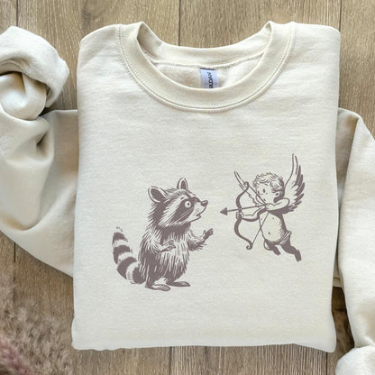 Whimsical Raccoon and Cupid Illustration, Playful Angelic Mischief - 300