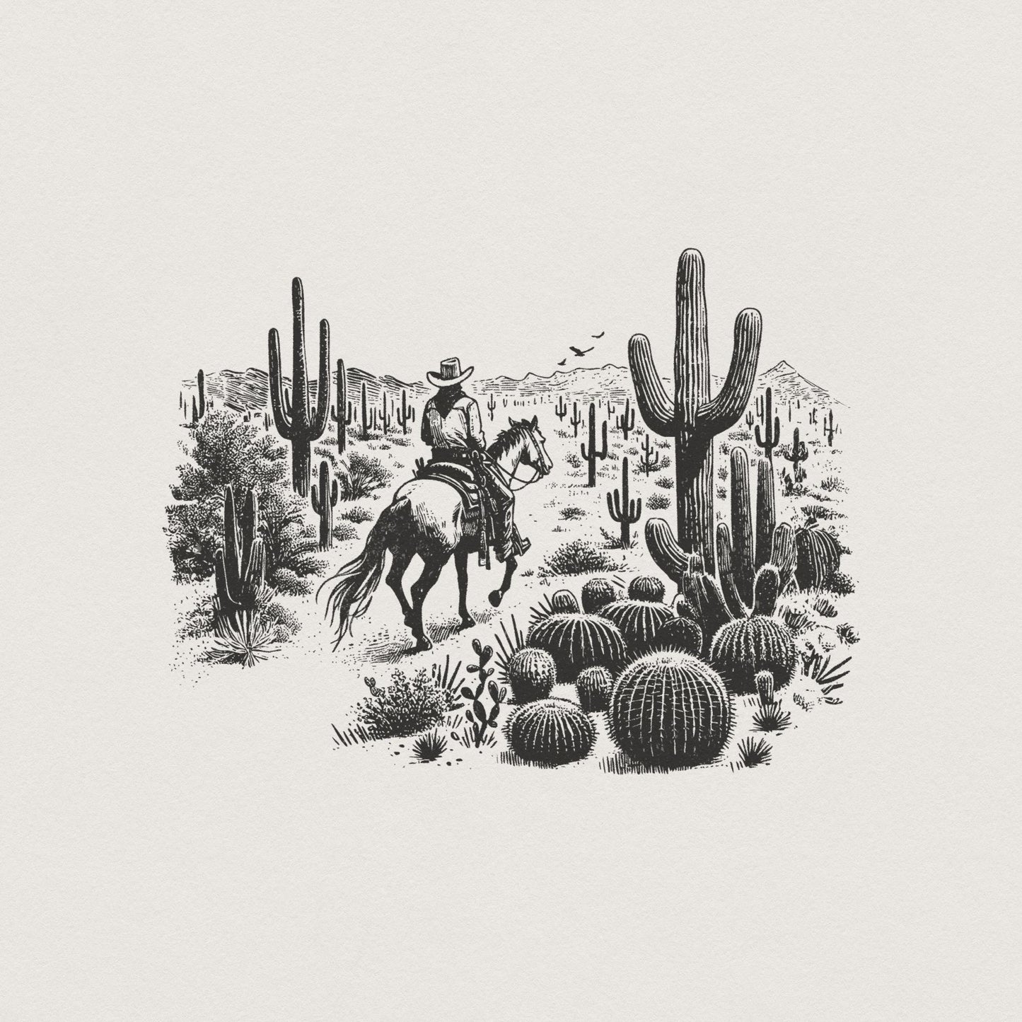 Vintage Cowboy in Desert Illustration, Retro Western Cowboy - 300 DPI
