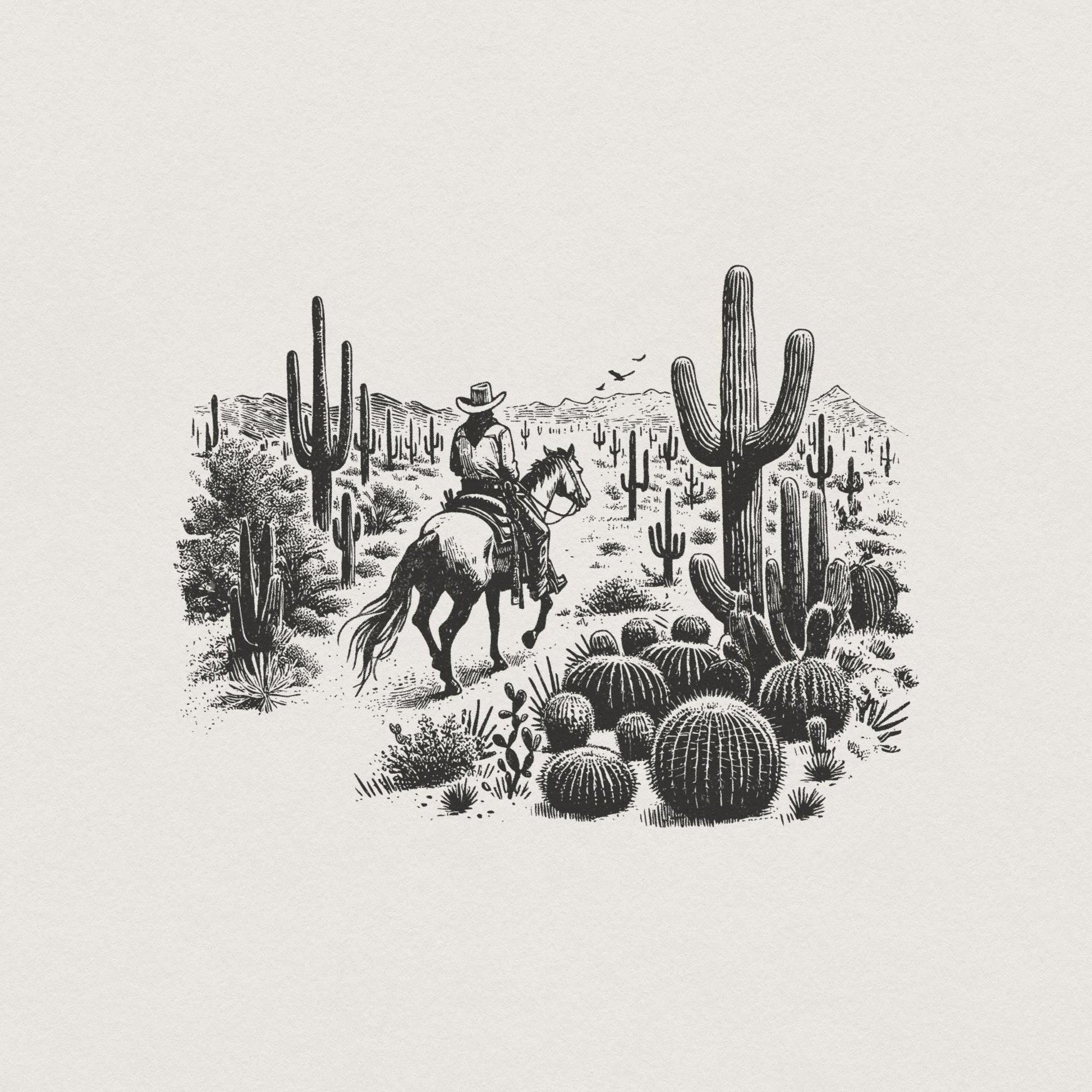 Vintage Cowboy in Desert Illustration, Retro Western Cowboy - 300 DPI