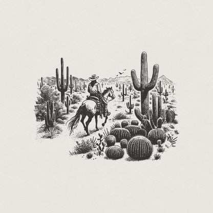 Vintage Cowboy in Desert Illustration, Retro Western Cowboy - 300 DPI