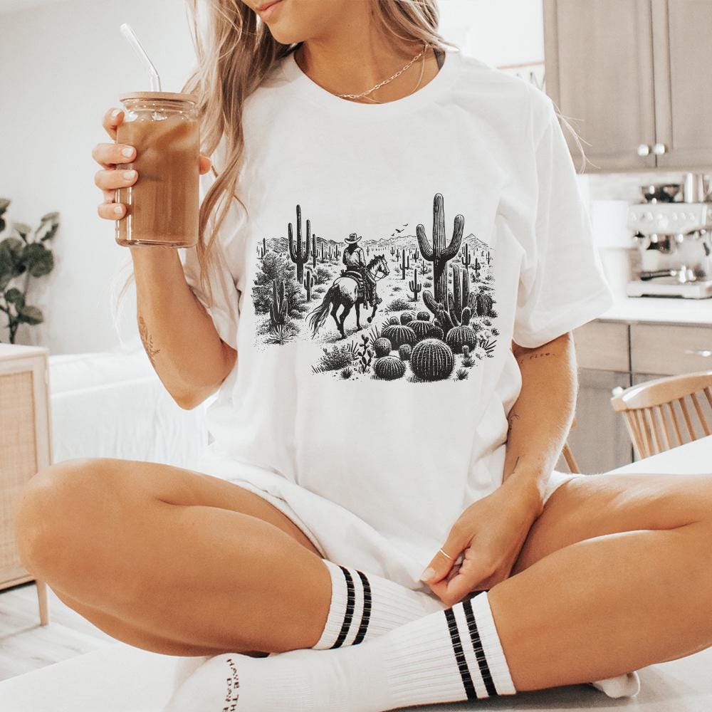 Vintage Cowboy in Desert Illustration, Retro Western Cowboy - 300 DPI