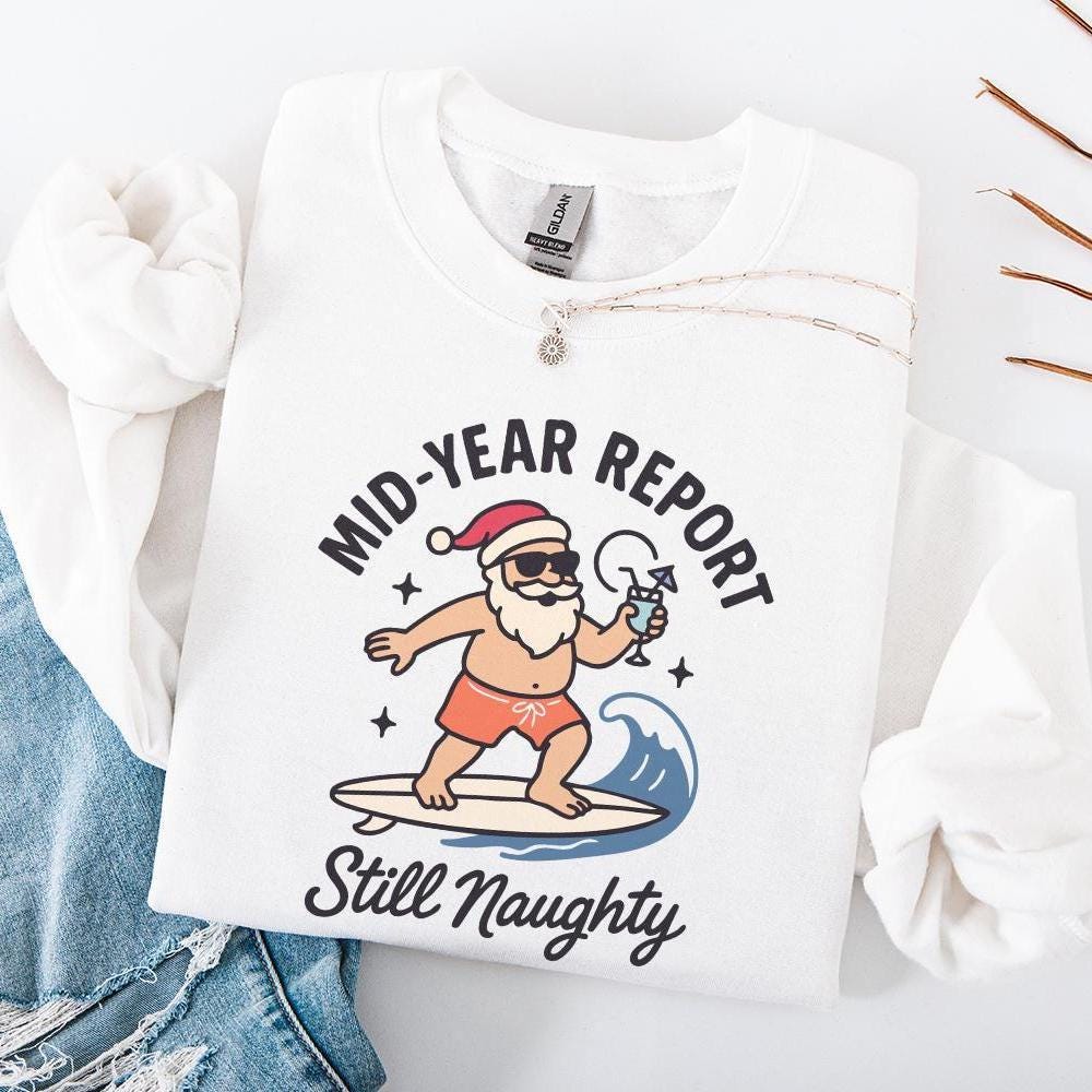 Mid-Year Report Still Naughty PNG, Santa Surfing Summer Beach - 300 DPI