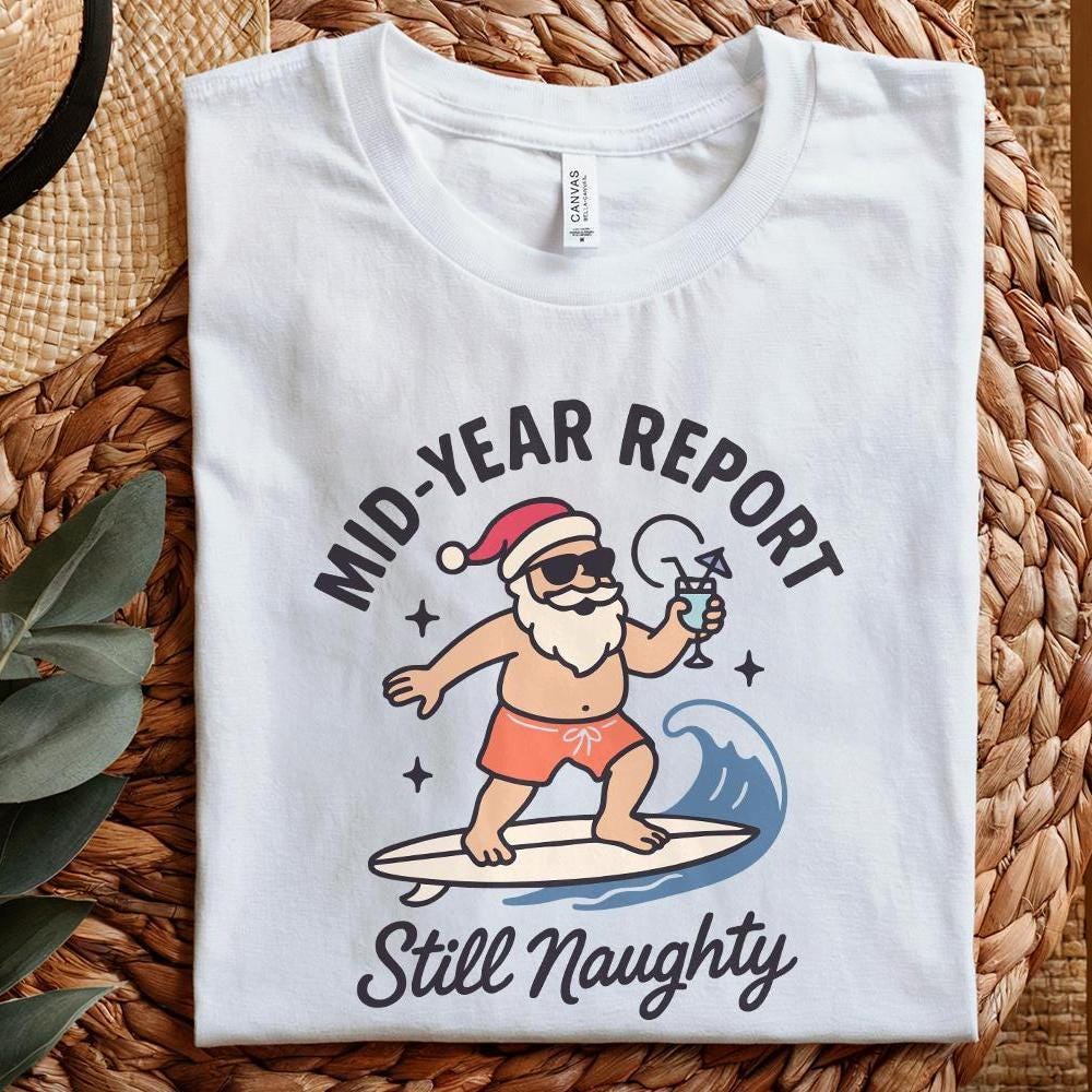 Mid-Year Report Still Naughty PNG, Santa Surfing Summer Beach - 300 DPI