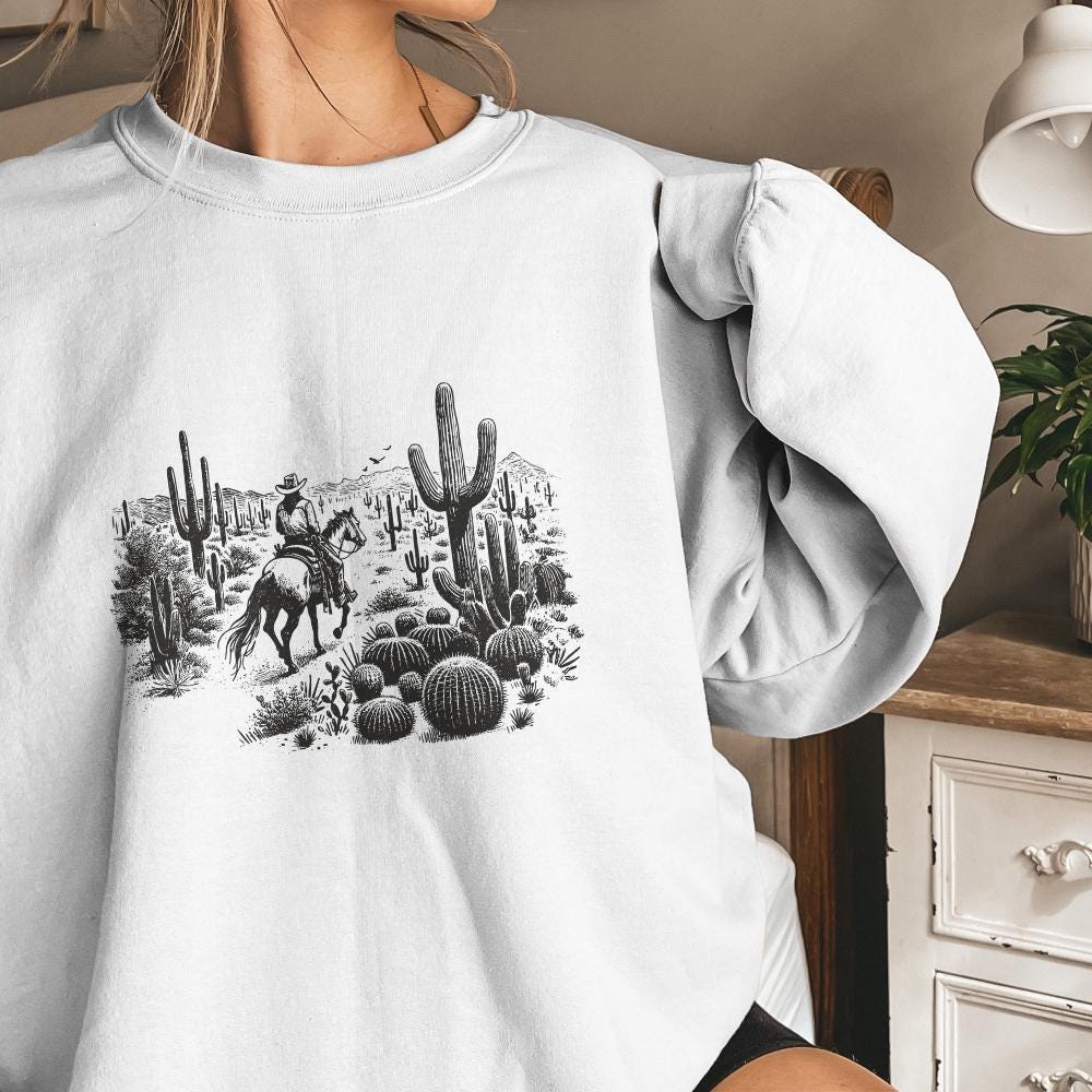 Vintage Cowboy in Desert Illustration, Retro Western Cowboy - 300 DPI