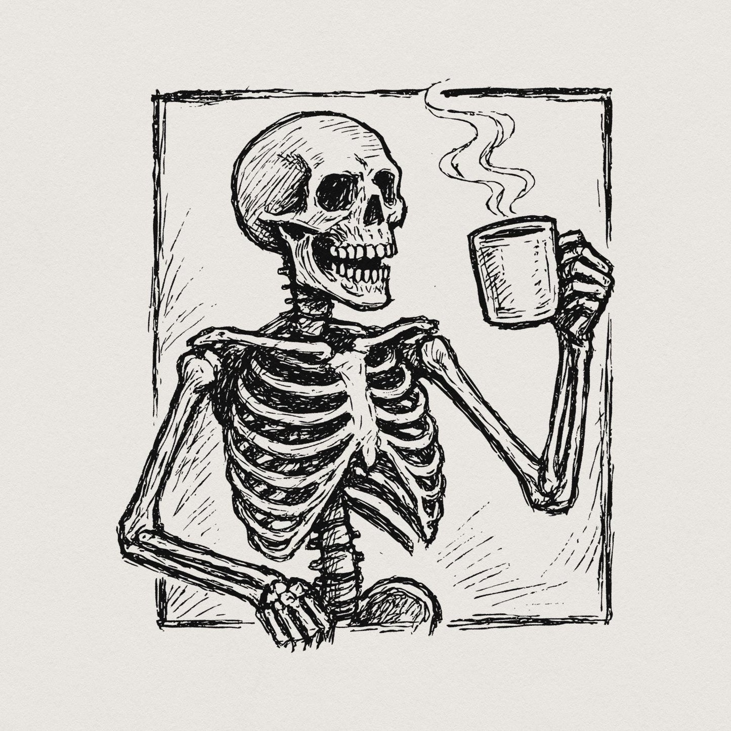 Coffee Skeleton PNG, Skull Drinking Coffee Clipart - 300 DPI Design for