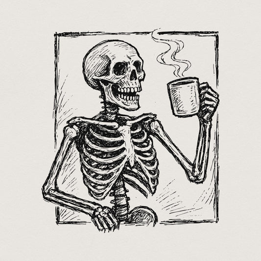Coffee Skeleton PNG, Skull Drinking Coffee Clipart - 300 DPI Design for