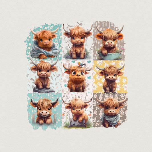 Retro Boho Highland Cow PNG, Floral Sublimation Design - 300 DPI Design